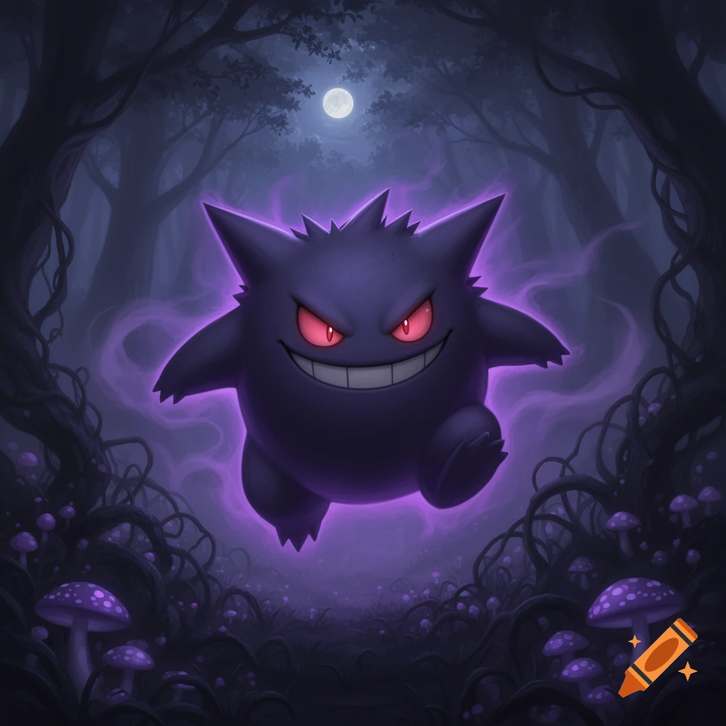 A grinning purple Gengar with red eyes and a smoky aura floats in a ...