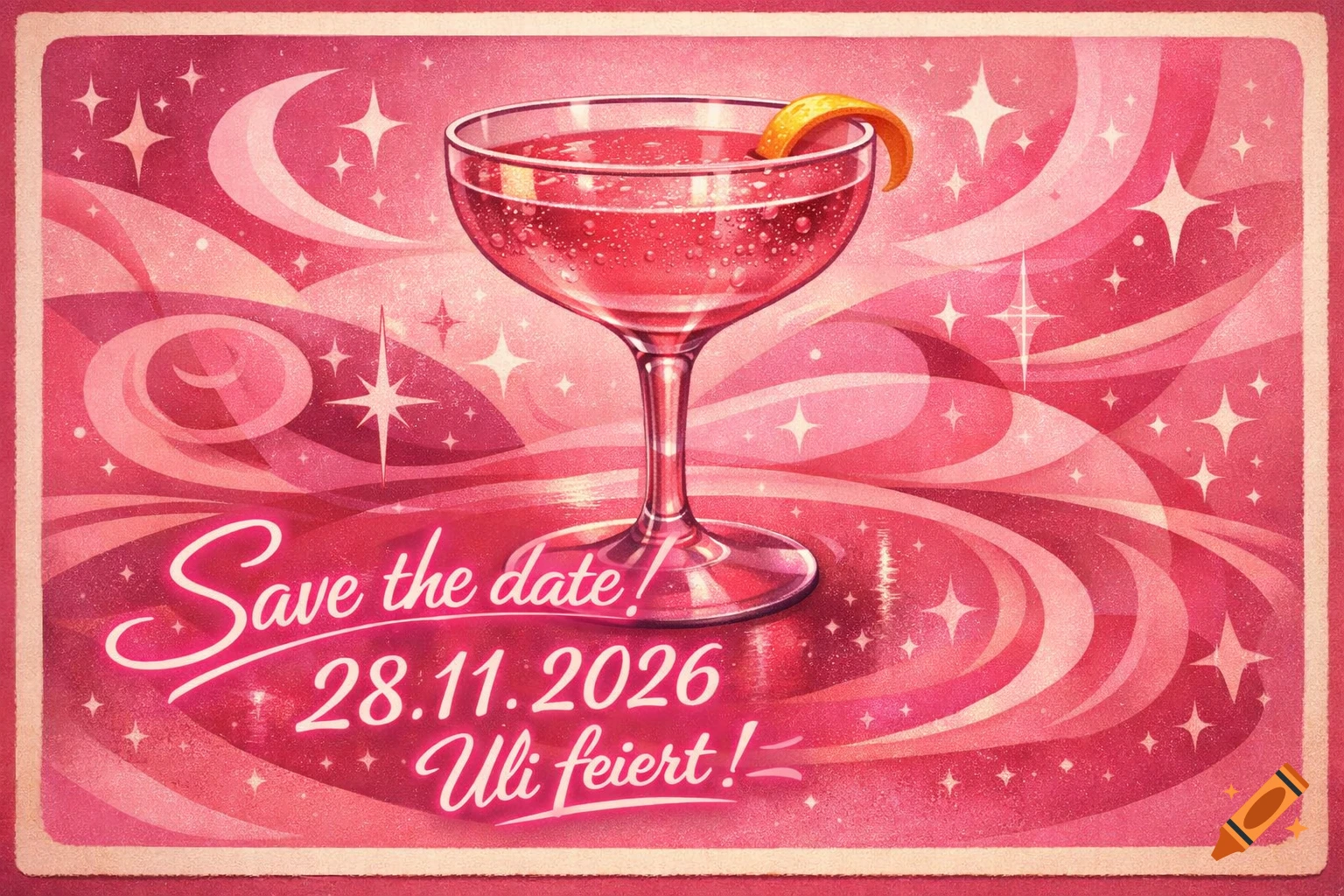 Retro pink illustration of a cocktail glass with an orange slice, surrounded by stars and moons, with 'Save the date! 28.11.2026 Uli feiert!' text.