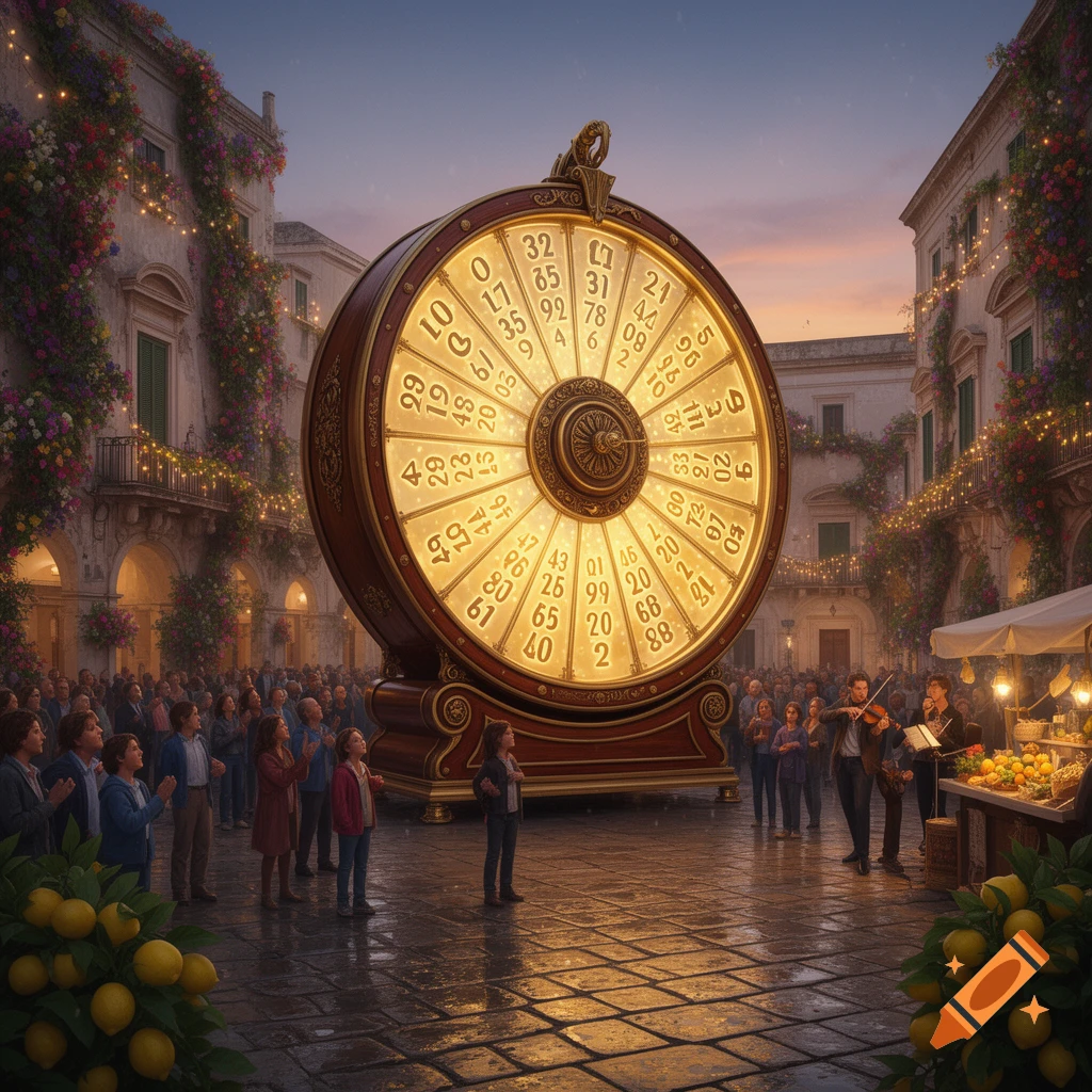 A large, glowing lottery wheel stands in the center of a bustling European town square at dusk, surrounded by a crowd of people and musicians.