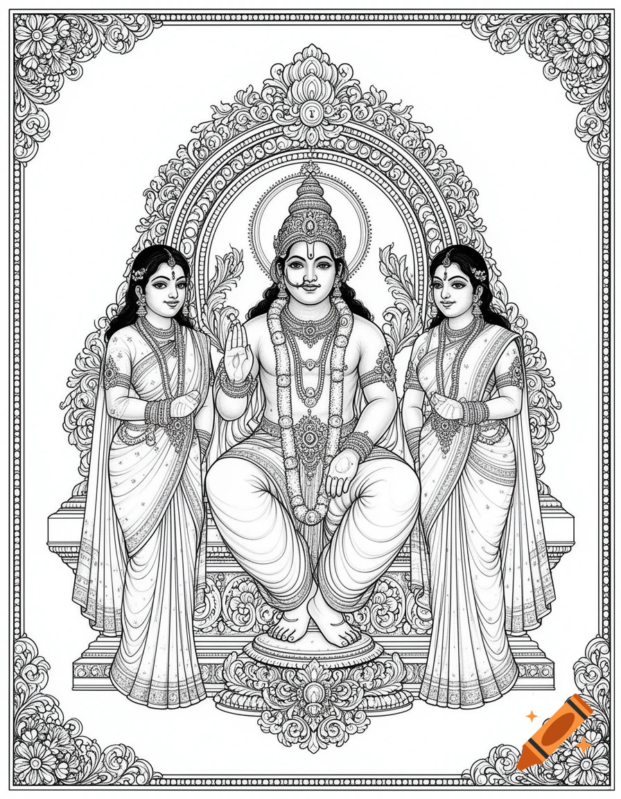 Detailed black and white line art of a Hindu deity seated on a throne, flanked by two female figures in traditional attire and elaborate jewelry.