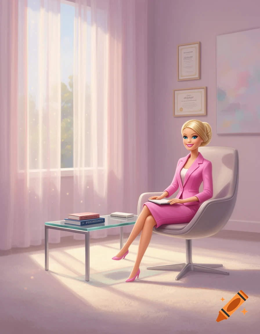 A smiling Barbie-like doll in a pink pantsuit sits in a modern office chair beside a glass table with a book titled 'PSYCHOLOGY'.