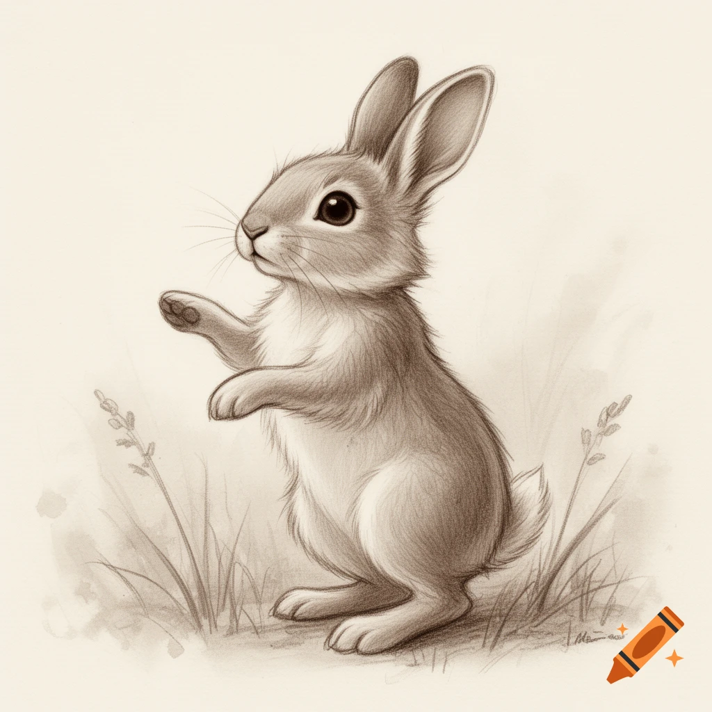 Pencil sketch of a fluffy rabbit standing on its hind legs in grass.