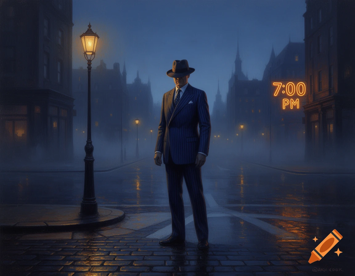 A man in a pinstripe suit and fedora stands on a wet, foggy city street at night under a lamppost, with '7:00 PM' glowing.