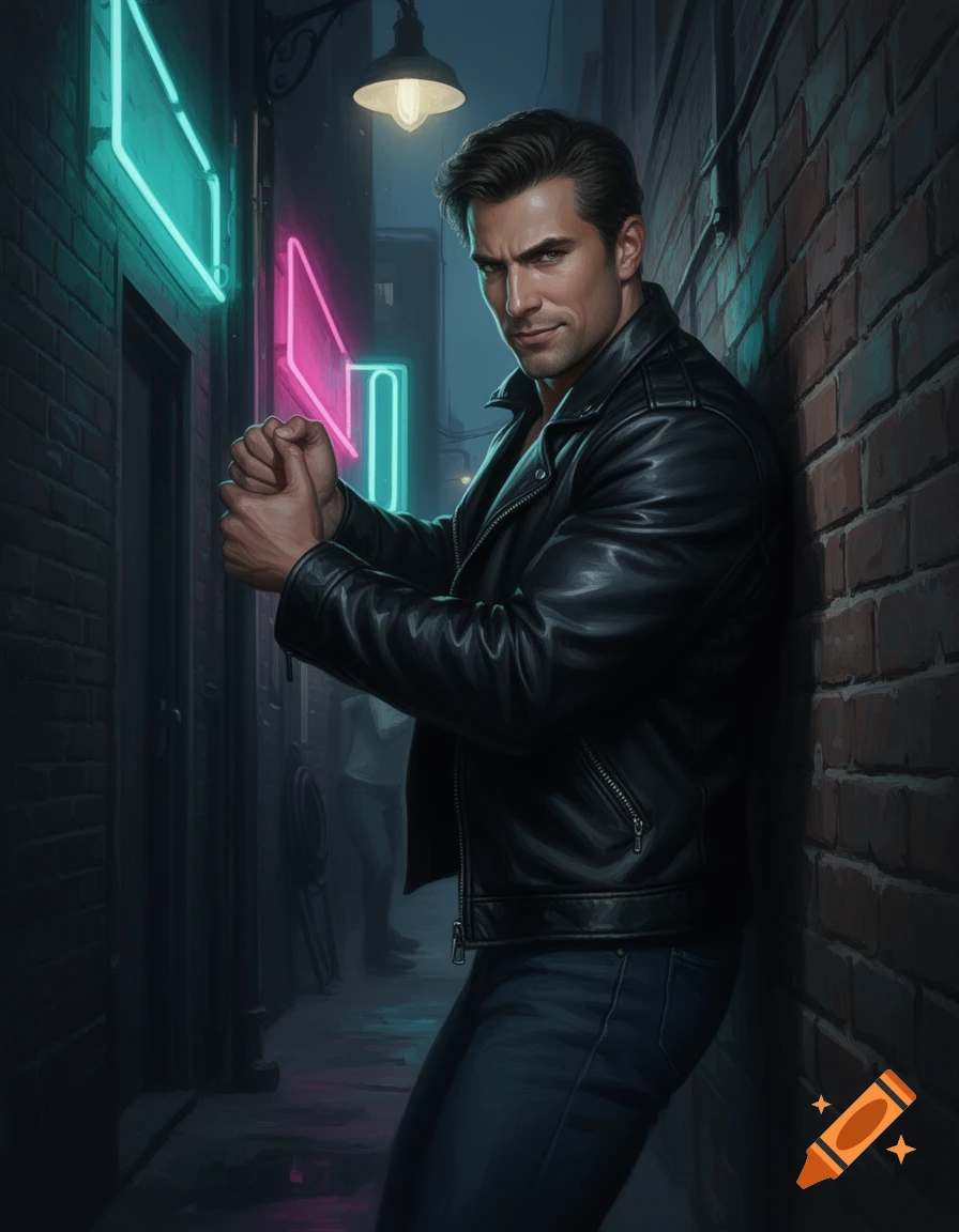 A man in a leather jacket leans against a brick wall in a dark alley lit by neon signs, looking intently.