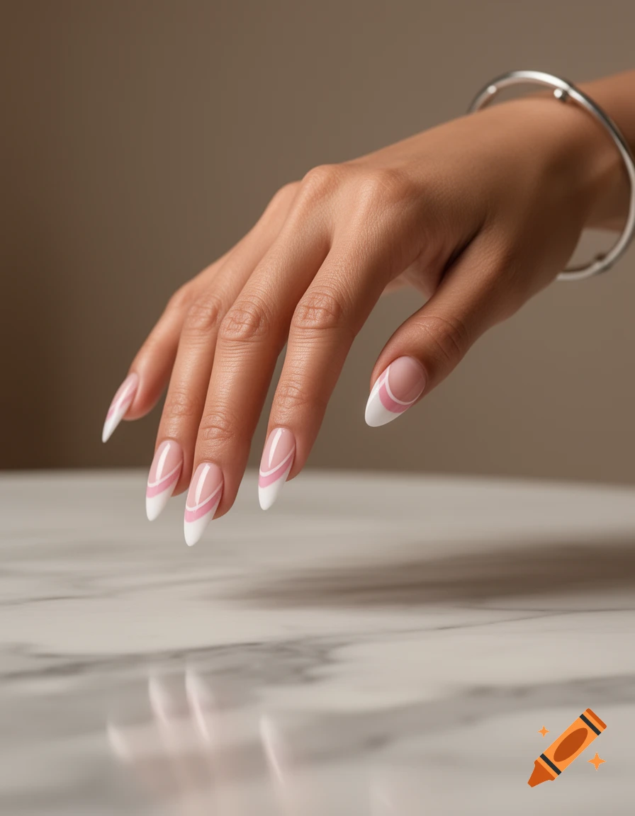 A hand with long, almond-shaped French tip nails featuring pink and white stripes, resting on a white marble surface.