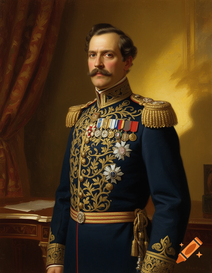 Classical oil painting of a distinguished moustached man in an ornate ...