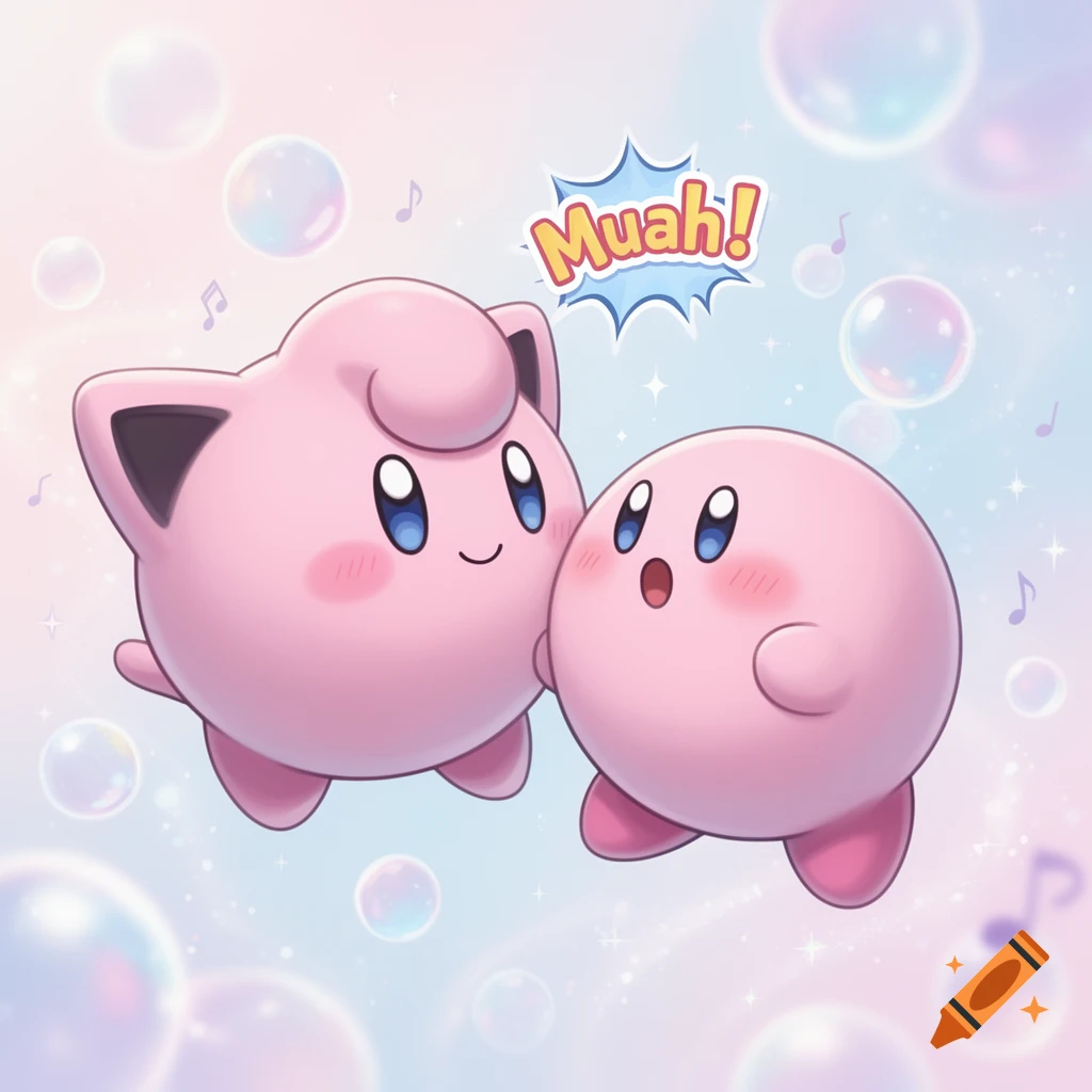 Pink Jigglypuff leans towards Kirby with a 'Muah!' speech bubble, surrounded by bubbles and musical notes in a cute cartoon style.