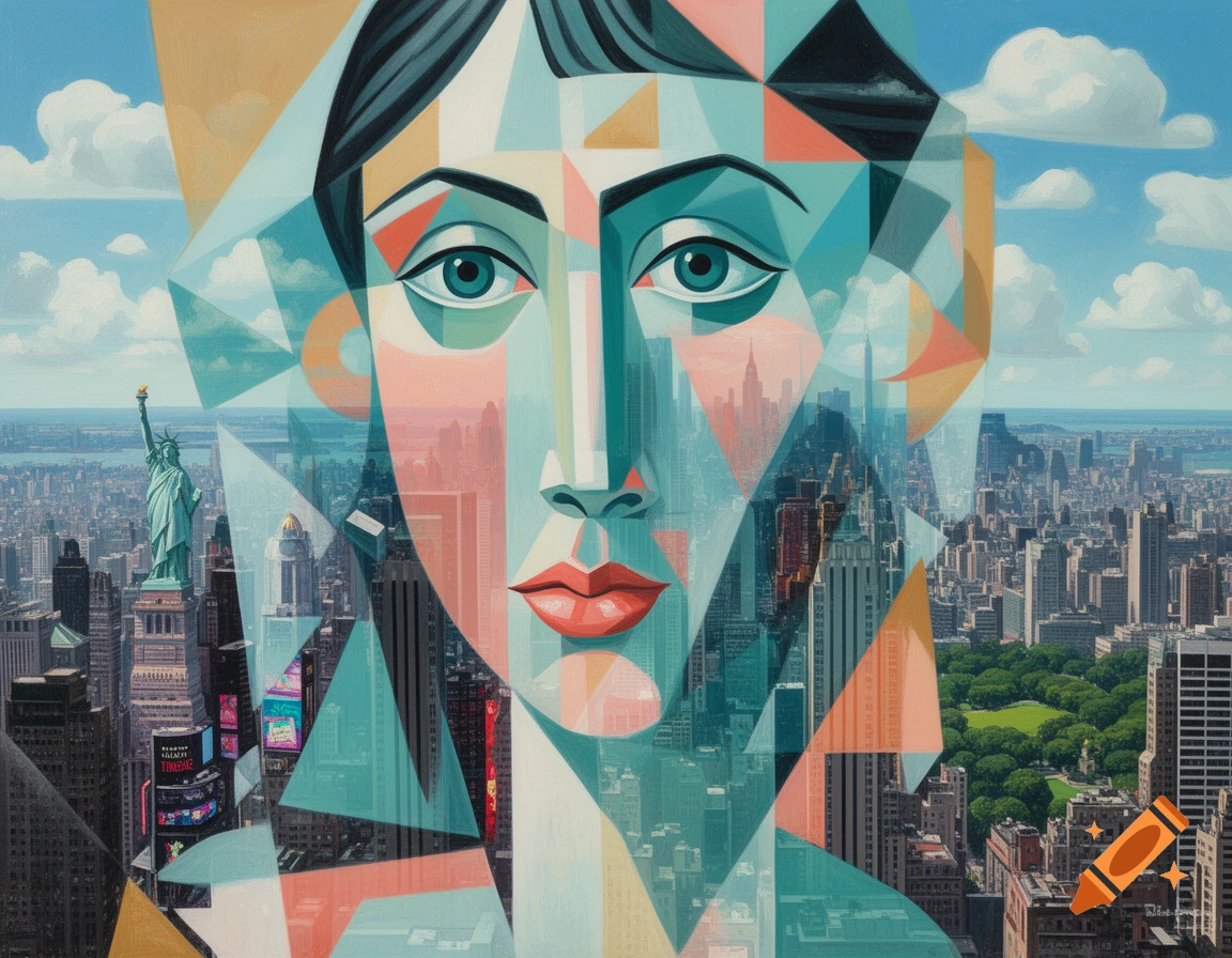 Cubist-style transparent female face overlaid on a detailed New York City skyline with the Statue of Liberty visible.