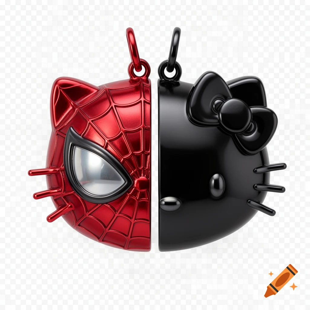 A pendant split vertically, half red Spider-Man mask and half black Hello Kitty head, on a transparent background.