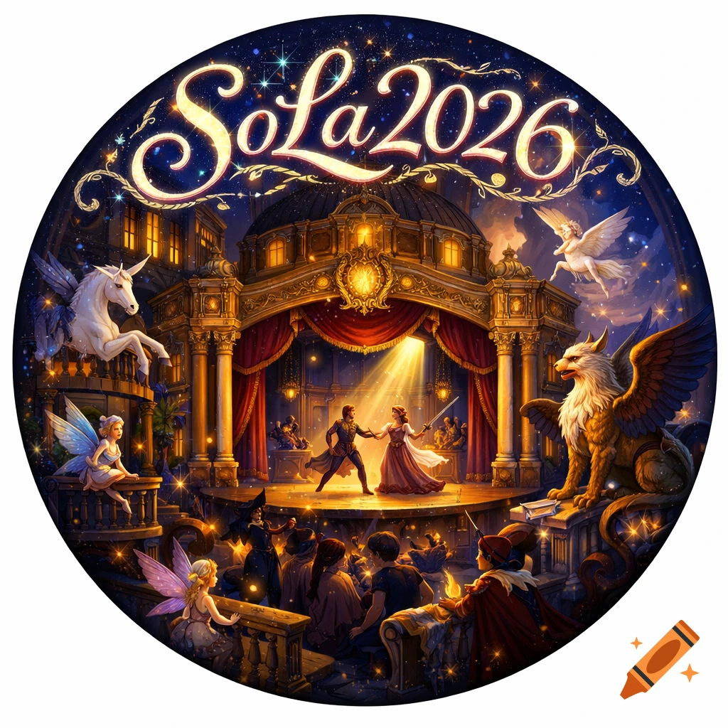 Vibrant fantasy art of a grand theater with a performance, an audience, and mythical creatures like unicorns and griffins. 'SoLa2026' text above.