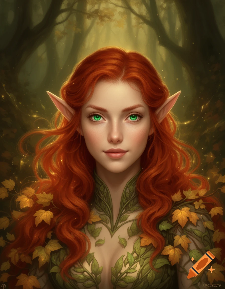 A detailed portrait of a red-haired elf woman with bright green eyes and pointed ears, wearing a leafy garment, against an enchanted forest background.