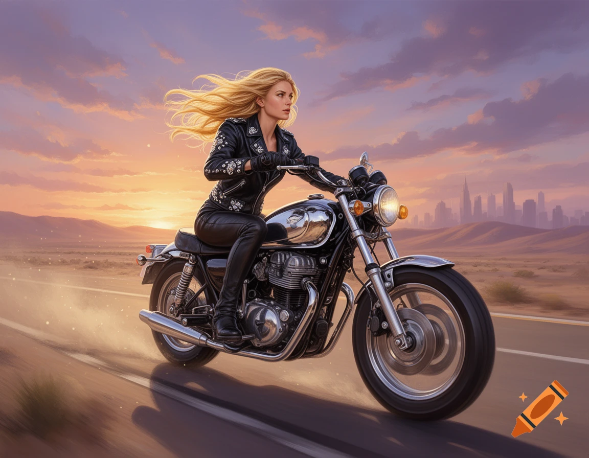 Blonde woman riding a chrome motorcycle on a desert road at sunset with a distant city skyline.