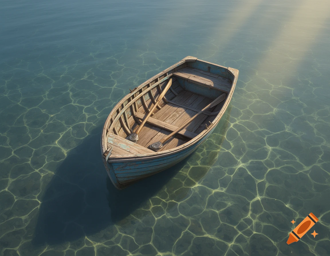 An old blue wooden rowboat with oars floats on clear, rippling water, viewed from above.