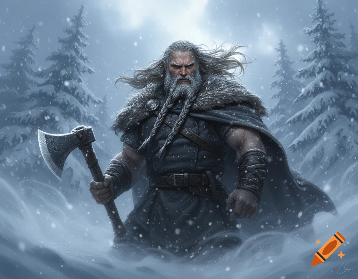 A powerful, bearded Viking warrior in a fur cape and dark armor holds an axe amidst a heavy snowstorm in a forest.