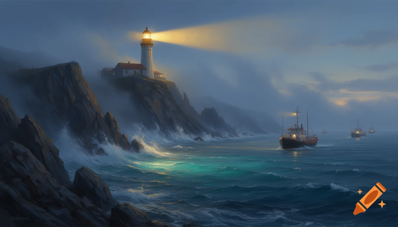 Photorealistic painting of a glowing lighthouse on misty cliffs at dusk, illuminating rough seas with ships sailing towards it.