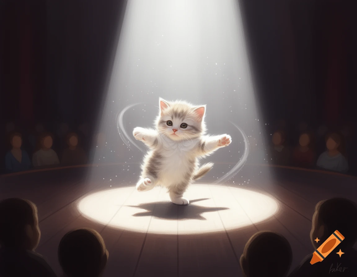 A fluffy kitten dances on one leg under a bright spotlight on a stage, watched by a blurred audience.