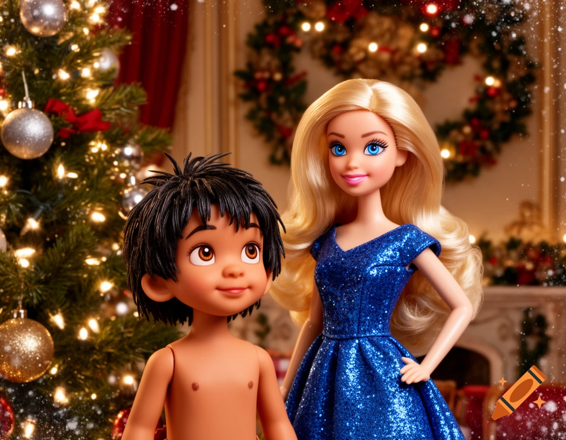 A photorealistic image of a Mowgli-like boy doll and a blonde Barbie in a sparkly blue dress, in a Christmas-decorated room.
