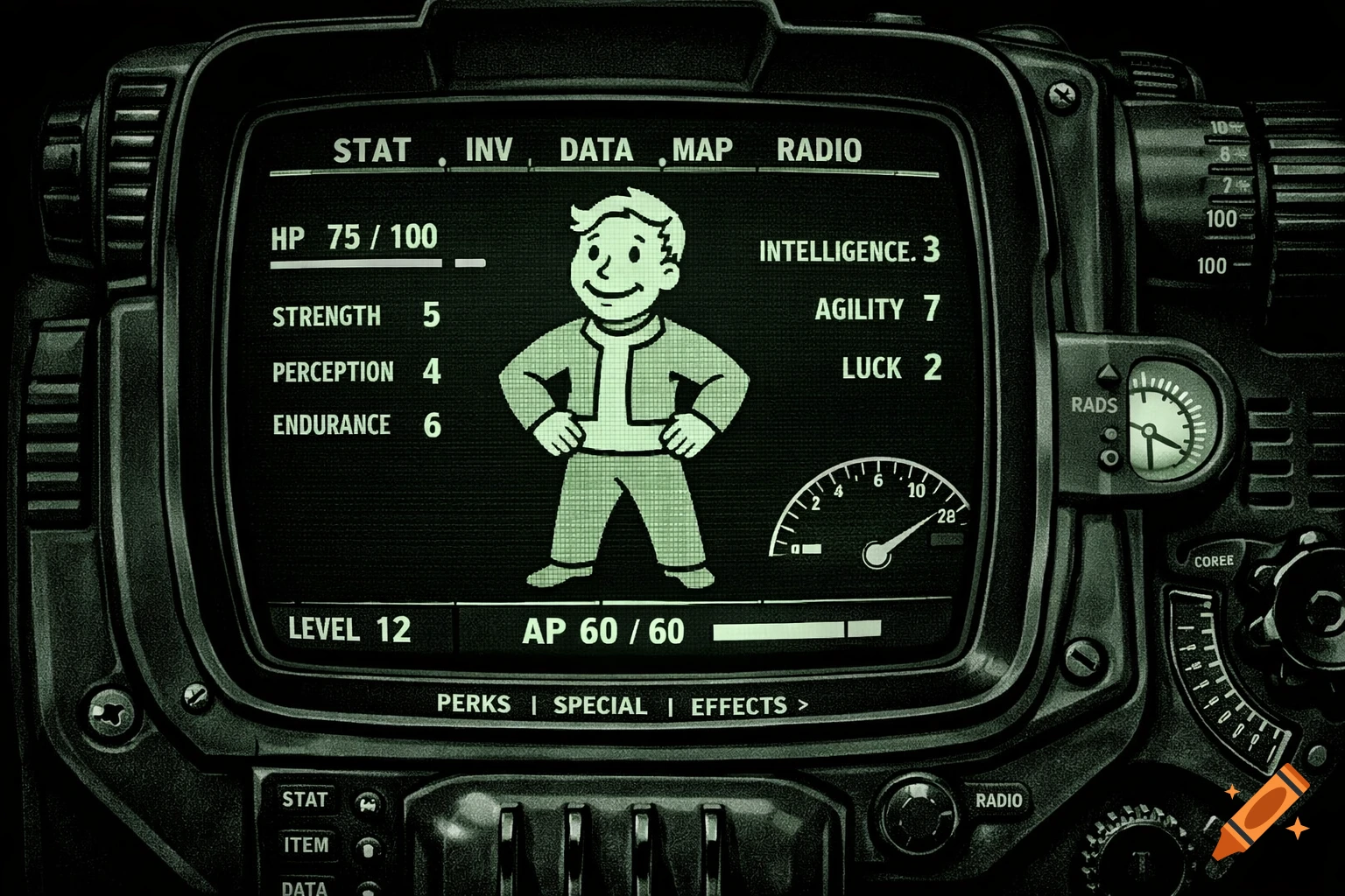 A close-up of a green monochrome Fallout 4 Pip-Boy screen displaying character stats and the Vault Boy mascot.