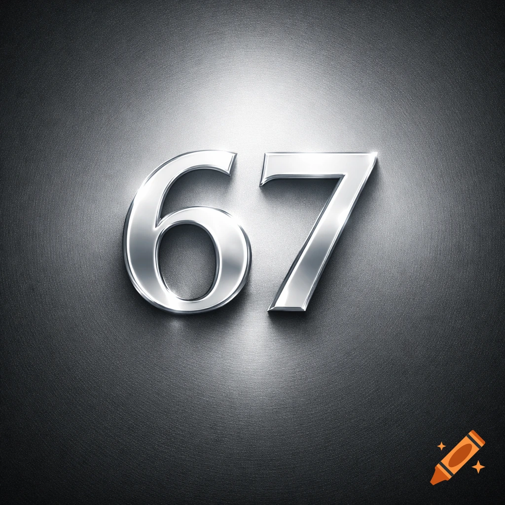 Metallic silver numbers 67 on a dark brushed metal background with a spotlight effect.
