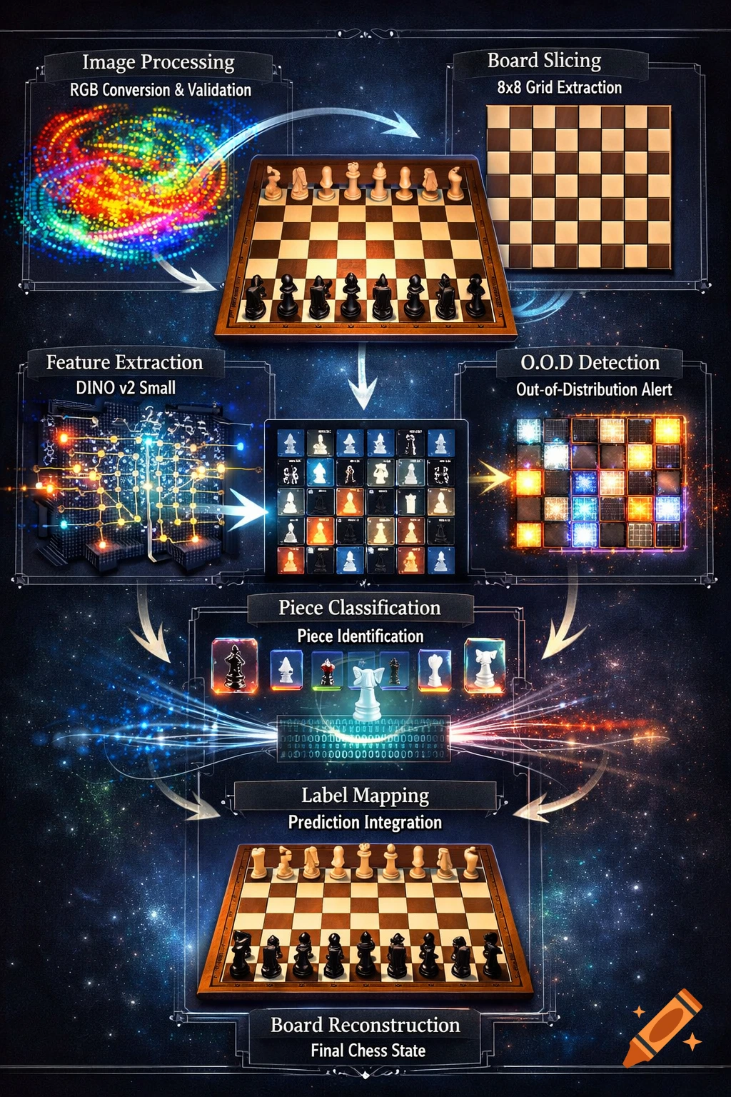 A detailed dark blue workflow diagram visualizing chess piece detection ...