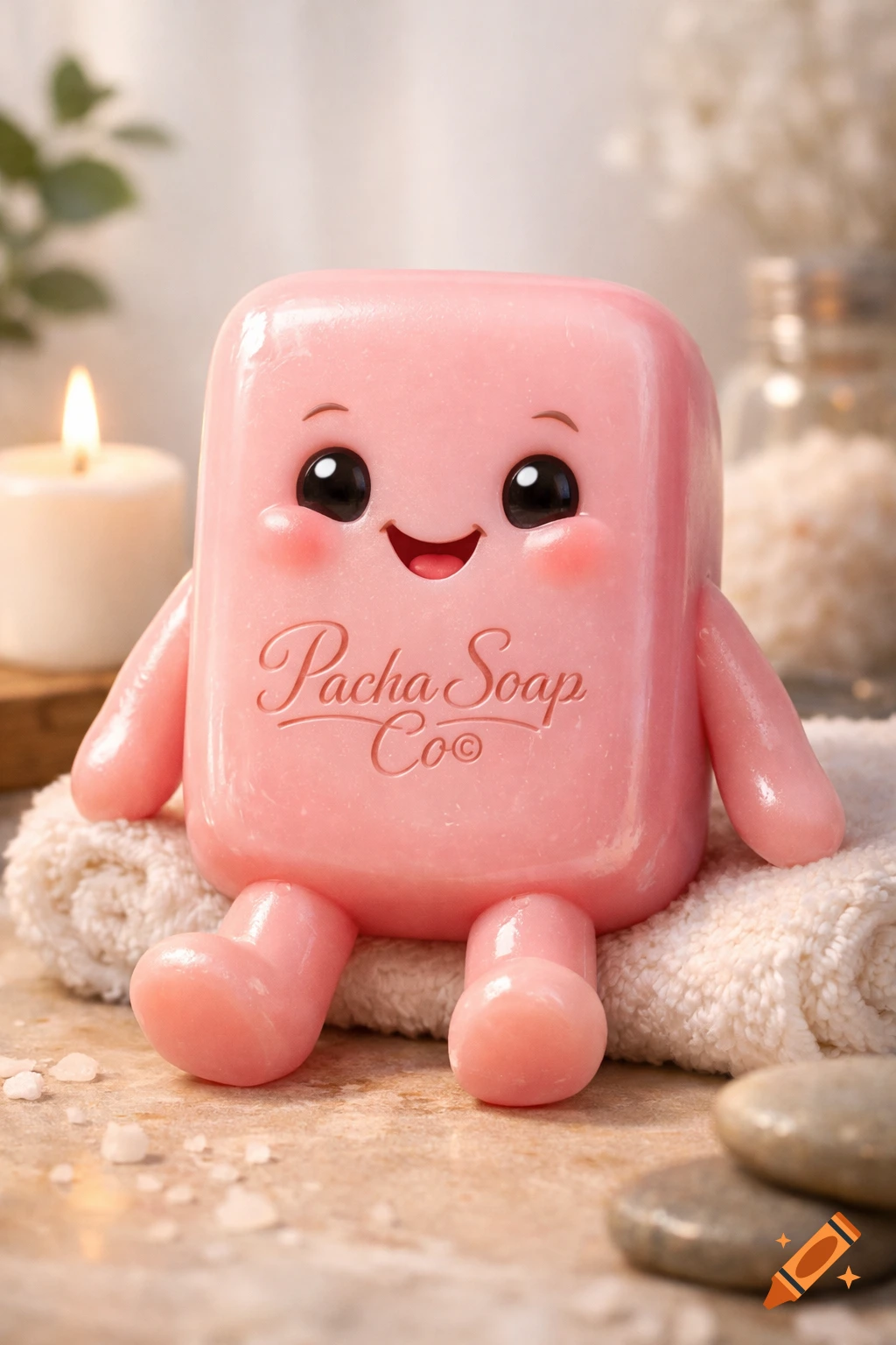 A cute, smiling pink soap bar character with 'Pacha Soap Co ' embossed, sitting on a towel in a spa setting with a candle and bath salts.