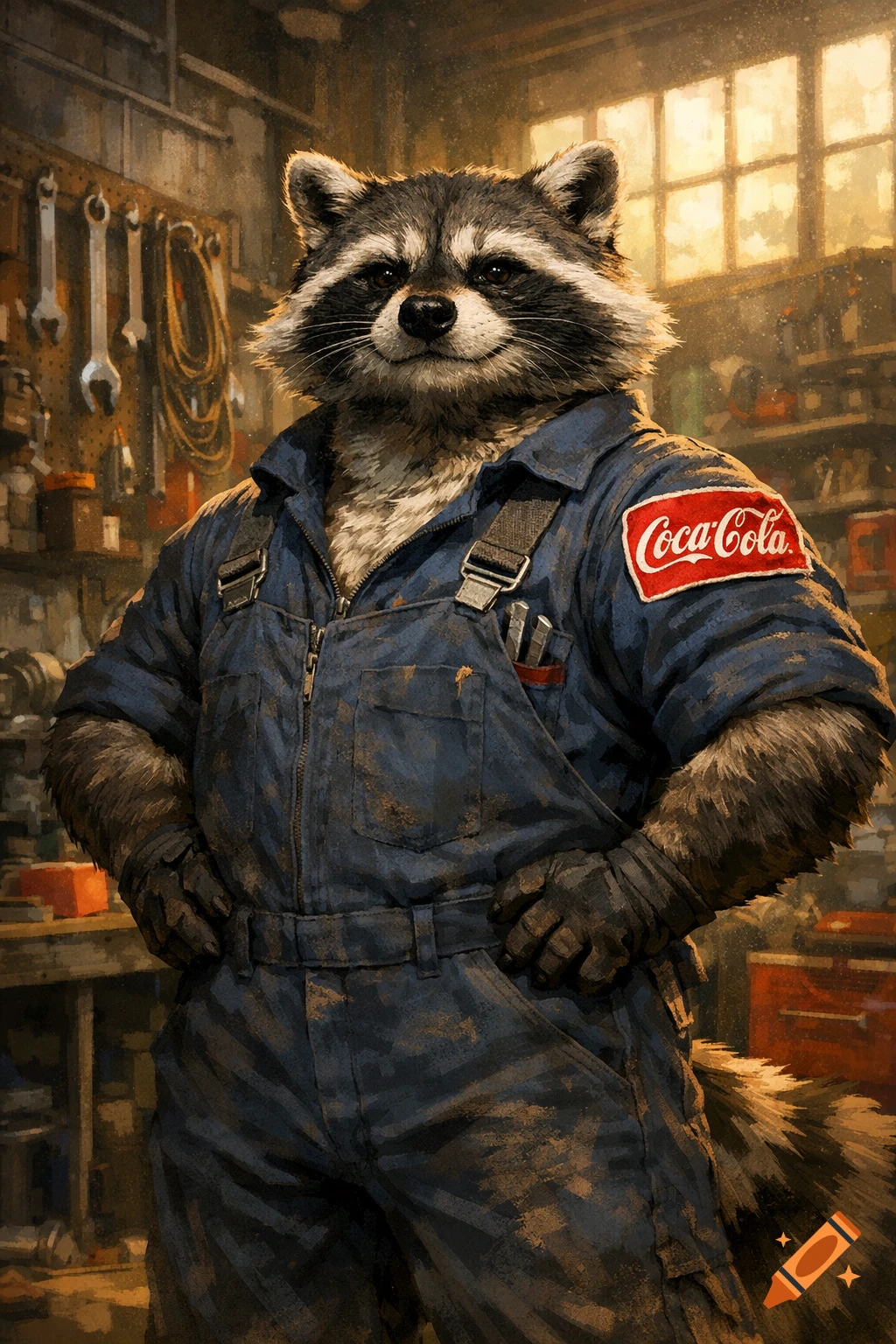 A muscular raccoon in blue mechanic overalls with a Coca-Cola patch stands in a workshop, digital art style.
