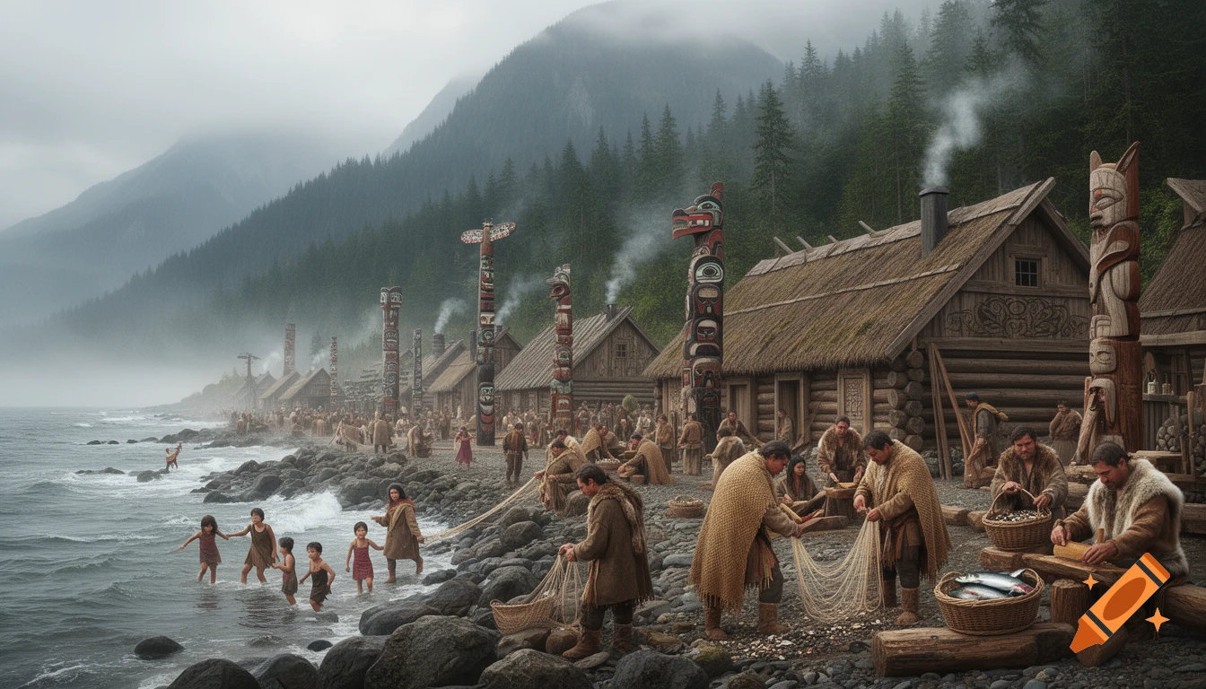 Photorealistic Pacific Northwest Coast village with longhouses, totem poles, and people fishing on a rocky shore beneath misty mountains.