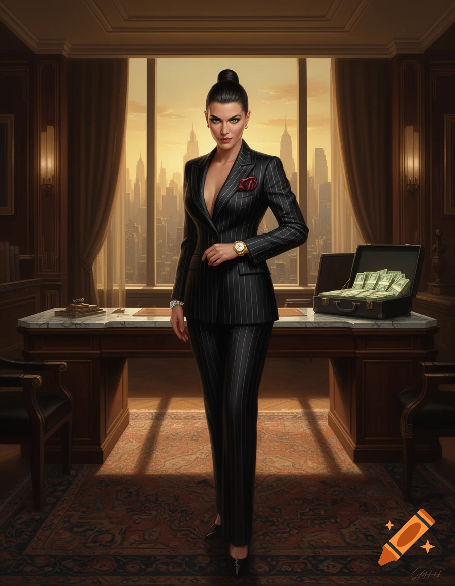 A stern woman in a pinstripe suit stands in a luxurious office with a ...