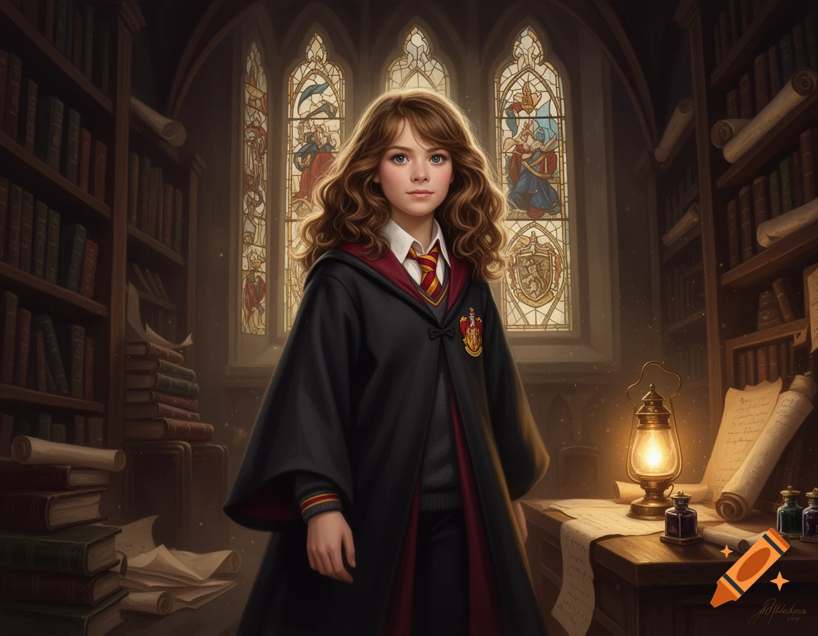 A young girl with wavy brown hair, dressed in a wizard's robe, stands in a magical library with stained glass windows.