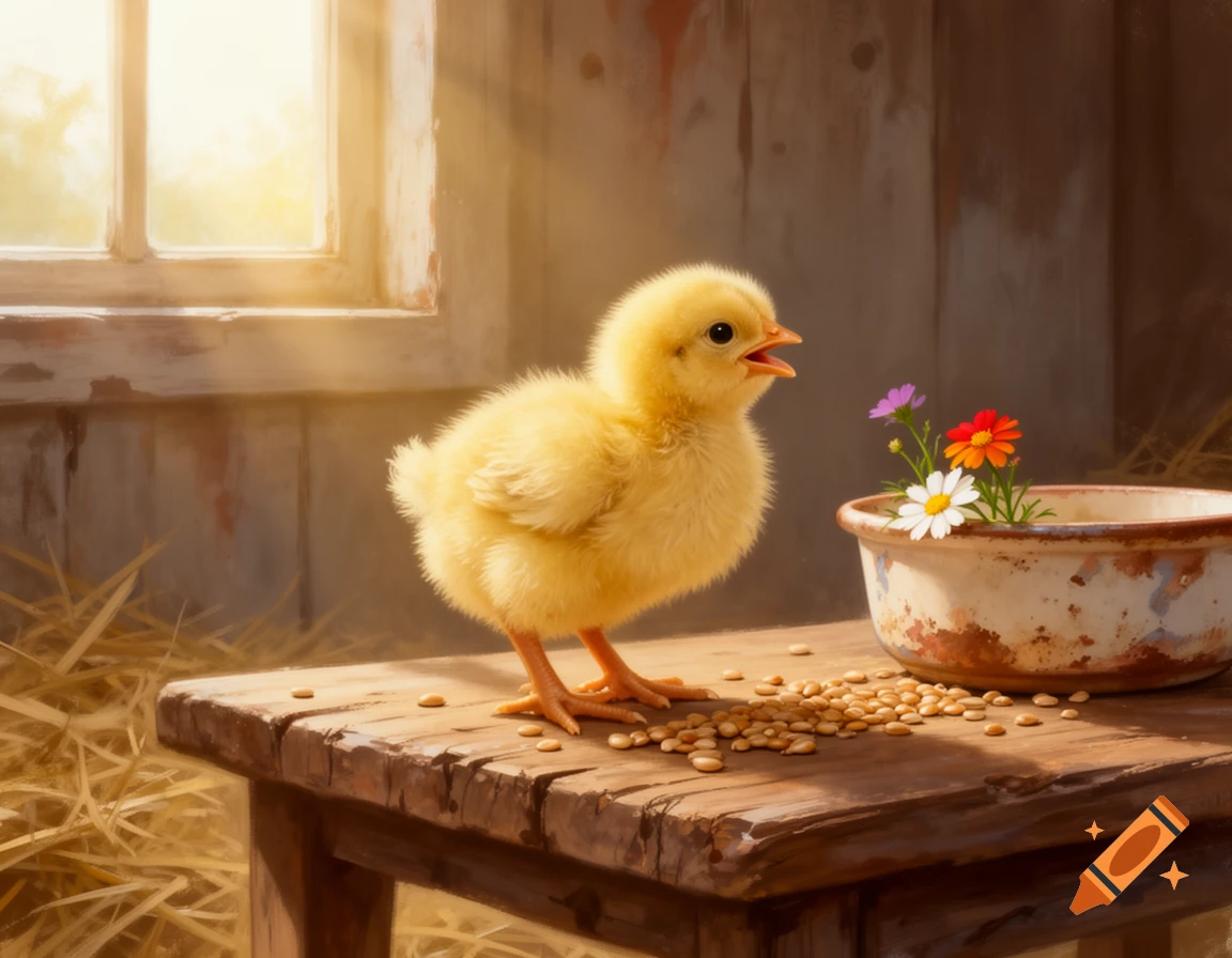 A fluffy yellow chick stands on a wooden table next to a pot of colorful flowers in a sunlit barn.