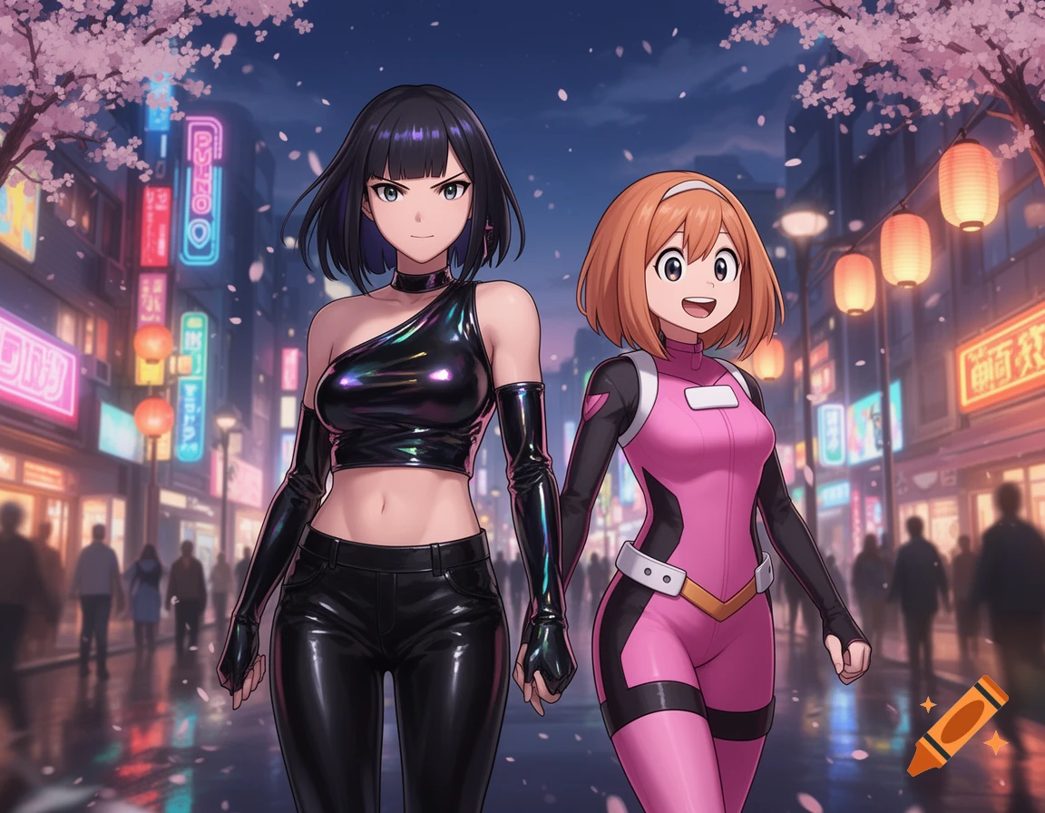 Marnie from Pok emon and Ochaco Uraraka from My Hero Academia walk down a neon-lit cherry blossom street at night. Marnie wears a black latex crop top and pants, while Ochaco wears a pink and black hero suit.