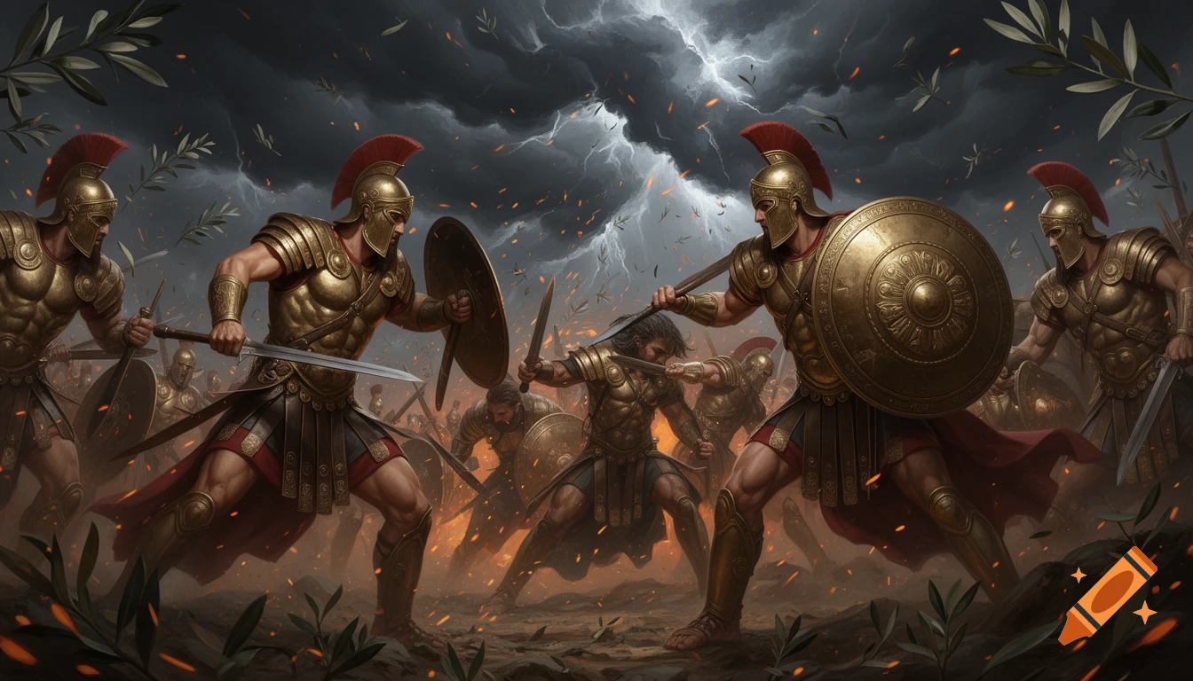 Hyper-realistic painting of ancient Greek warriors in bronze armor battling under a stormy, fiery sky, inspired by heavy metal art.