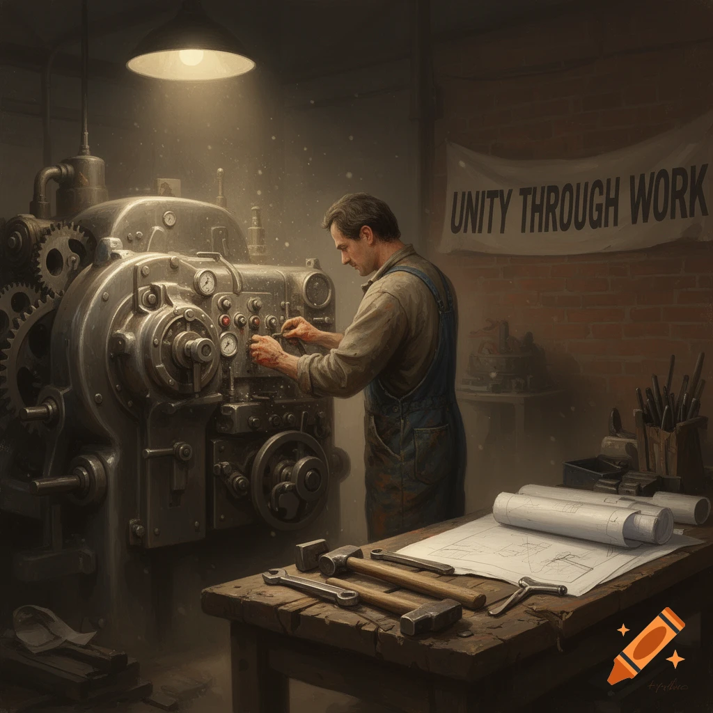 A man in overalls works on a large, intricate industrial machine in a dimly lit workshop, with a 'UNITY THROUGH WORK' banner on the brick wall.