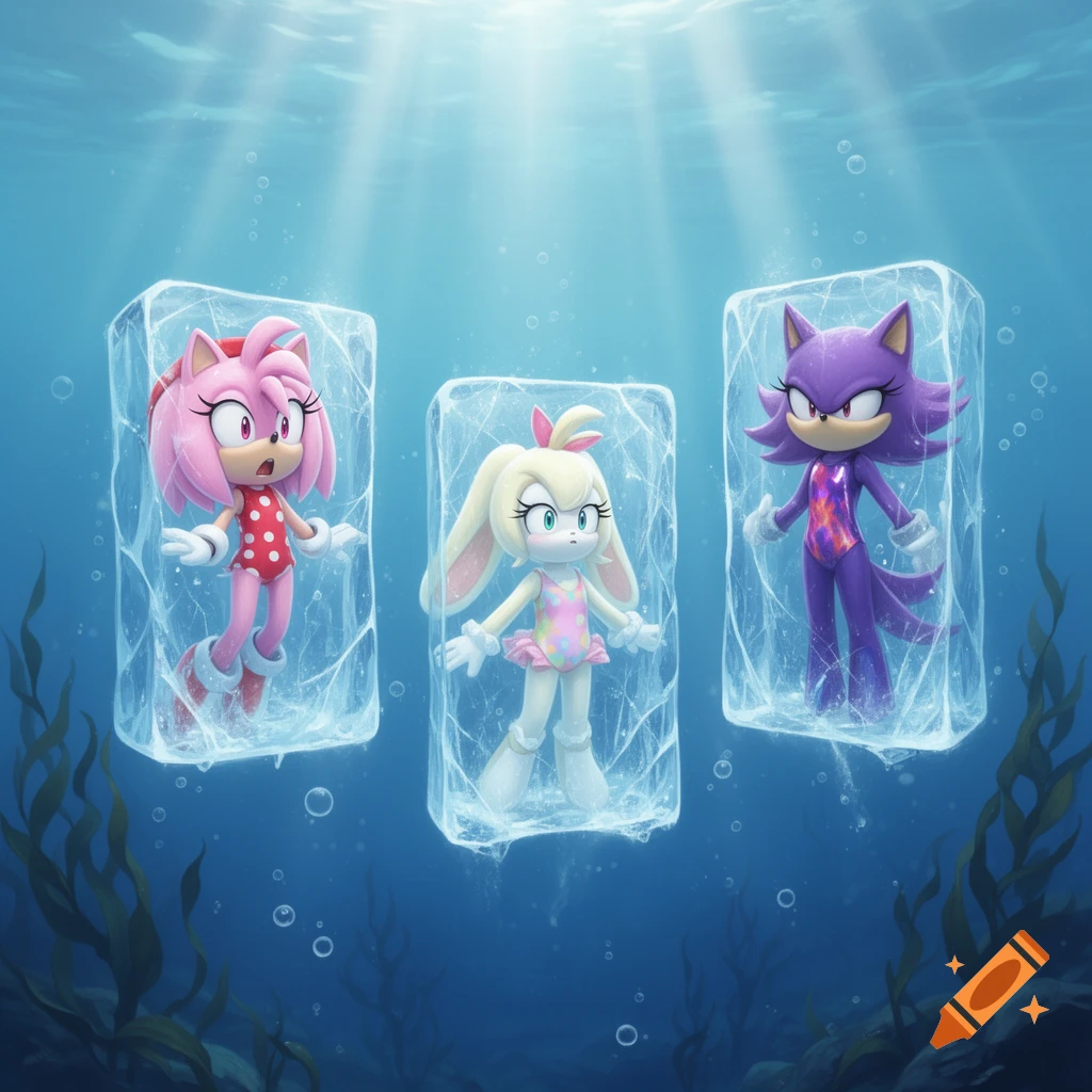 Amy Rose, Cream the Rabbit, and Blaze the Cat, cartoon characters, frozen in ice while wearing swimsuits underwater.