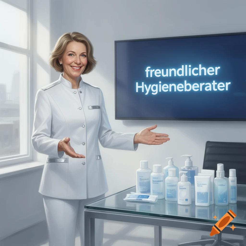 A smiling woman in a white uniform presents hygiene products, with 'freundlicher Hygieneberater' on a screen behind her.