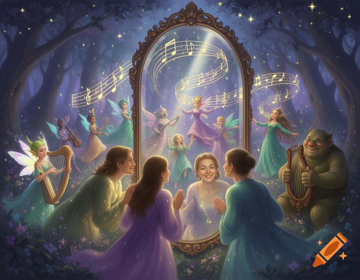 A whimsical scene with fairies and a troll playing instruments in a magical forest, gathered around a mirror reflecting more musical fairies.