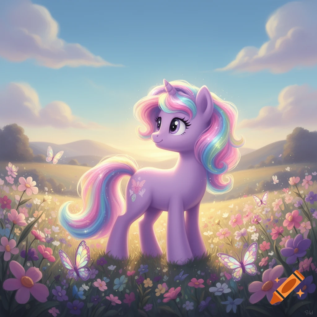 A purple unicorn with a rainbow mane and tail stands in a field of colorful flowers with butterflies under a blue sky.
