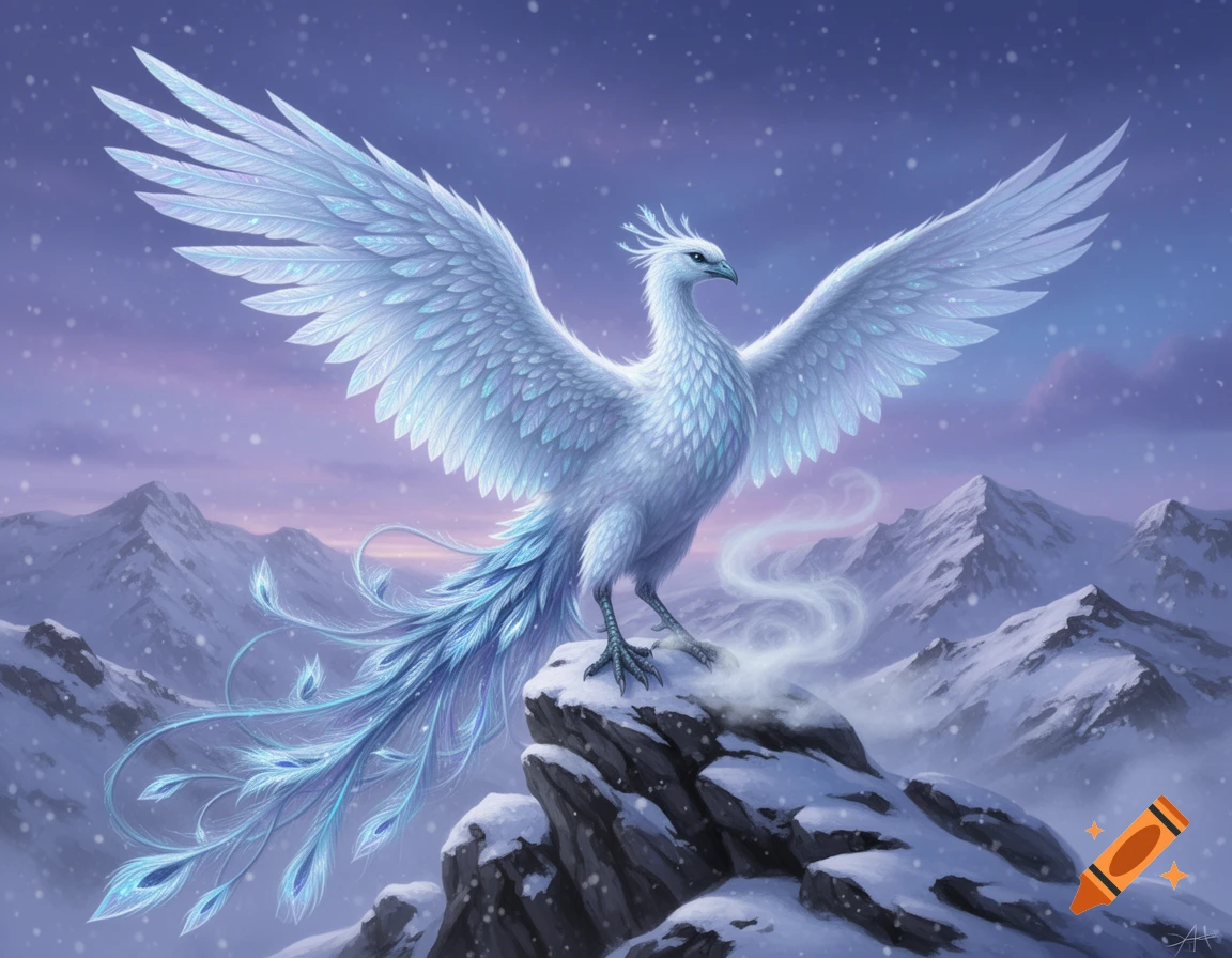 A majestic white and light blue ice phoenix stands on a snowy mountain peak with wings spread, snow falling under a purple sky. Fantasy art.