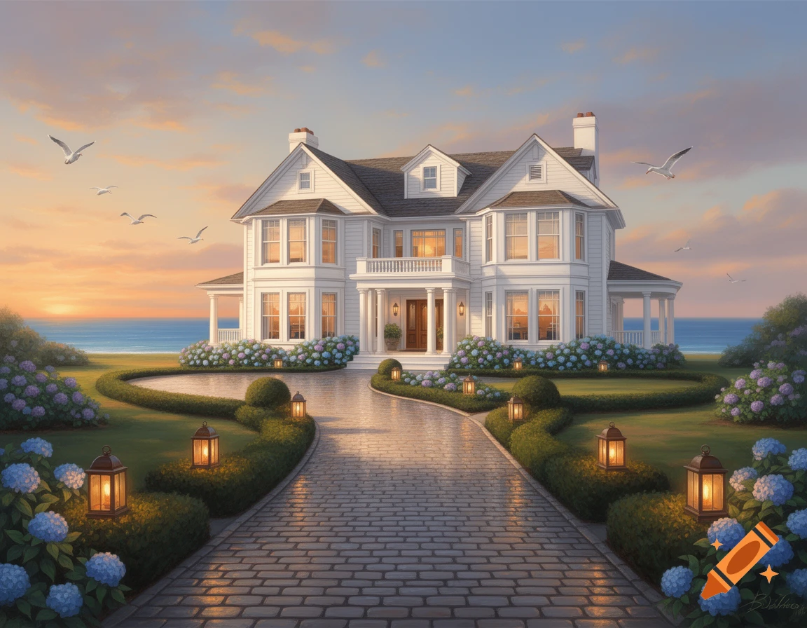 A luxurious white coastal mansion with a large brick driveway, surrounded by hydrangeas, with a sunset over the ocean.