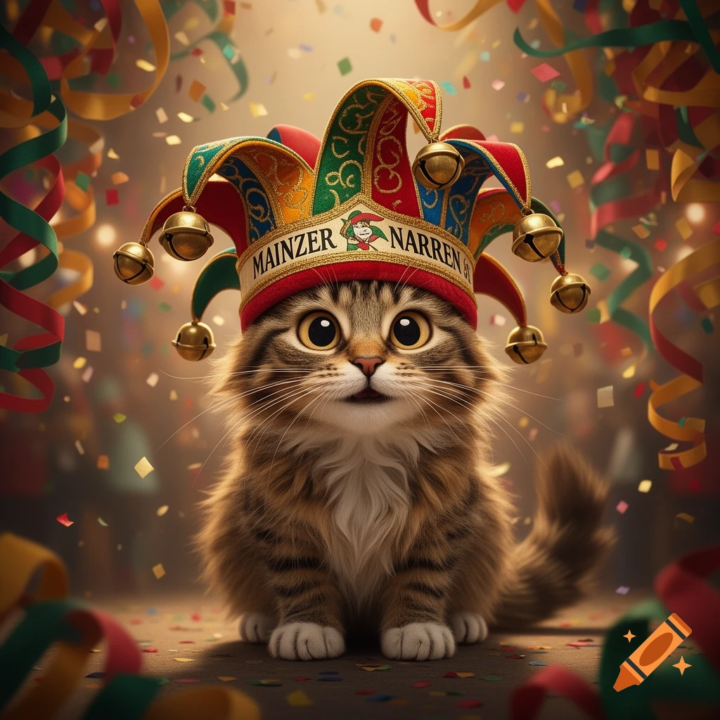 A fluffy tabby cat wearing a colorful jester's hat with bells, surrounded by confetti and streamers.