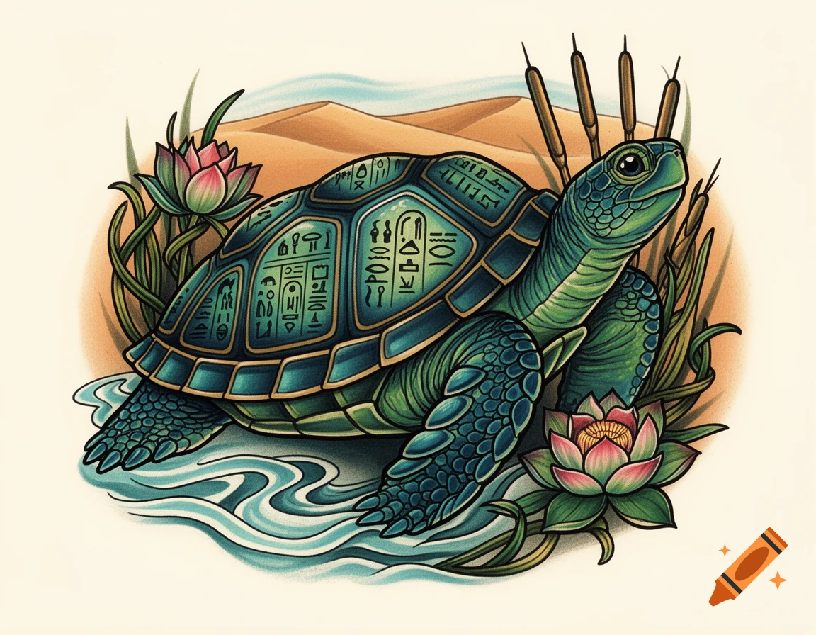 A stylized green and teal turtle with decorative hieroglyphs on its shell, swimming in water with lotus flowers and reeds, set against a desert backdrop, in a neo-traditional tattoo style.