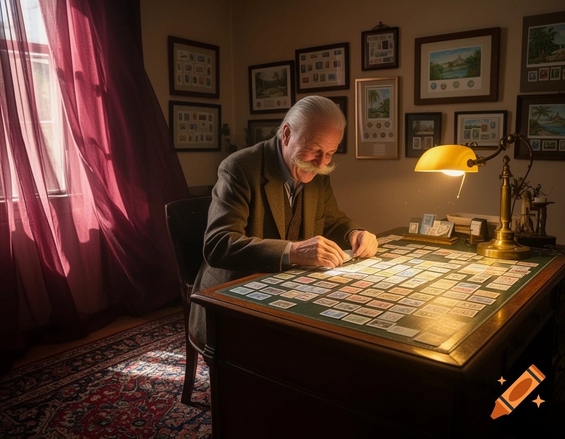 A smiling elderly man with a large mustache intently examines his stamp collection on a desk in a sunlit room.