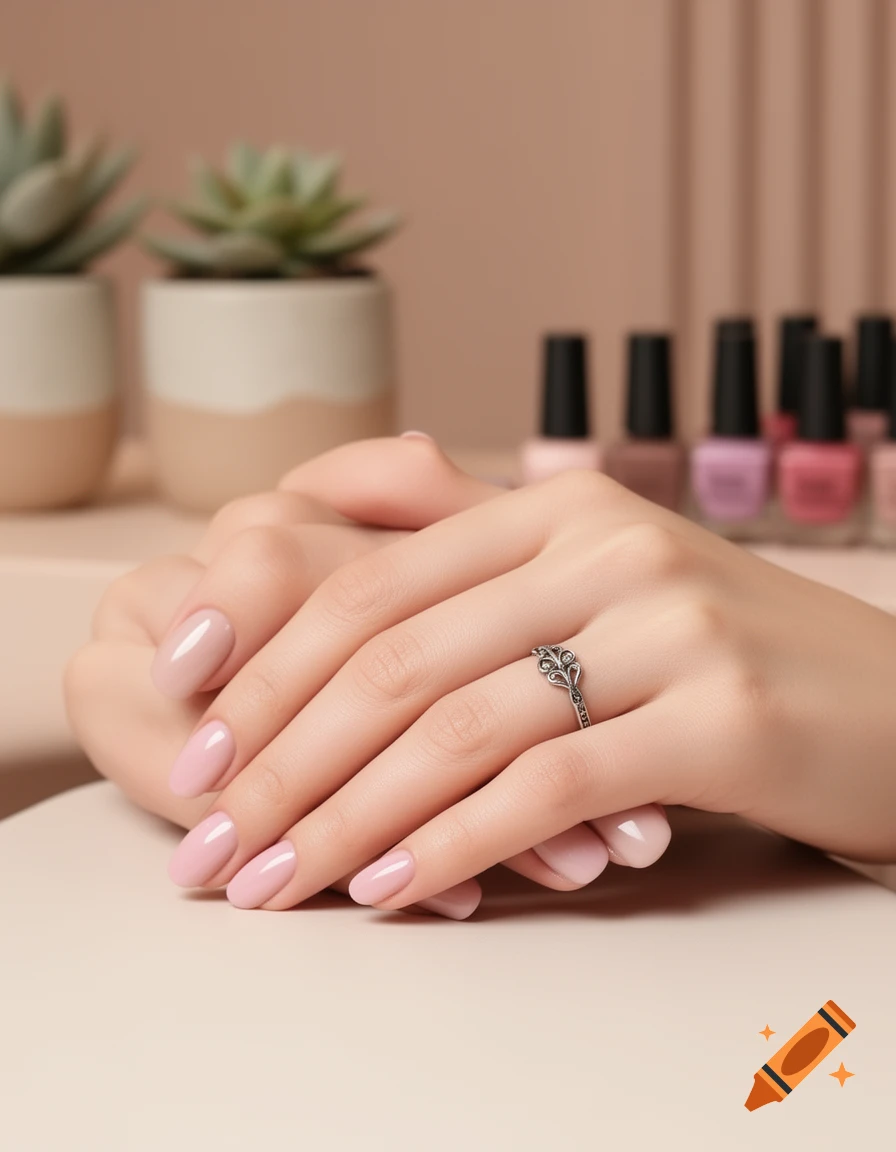 Close-up of hands with light pink manicured nails and a silver ring, on a beige surface with blurred succulents and nail polish bottles in the background.