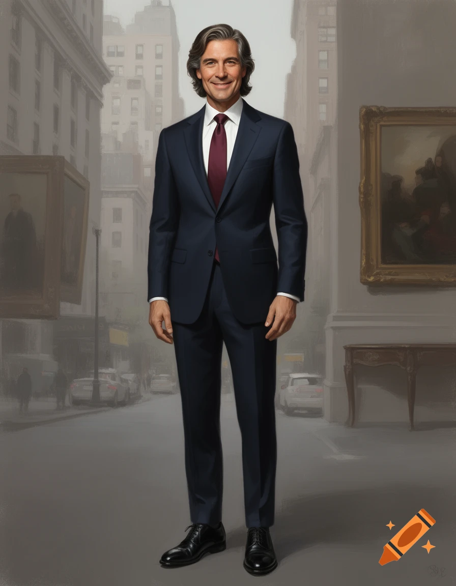 A smiling man in a dark suit and red tie stands on a city street with ...