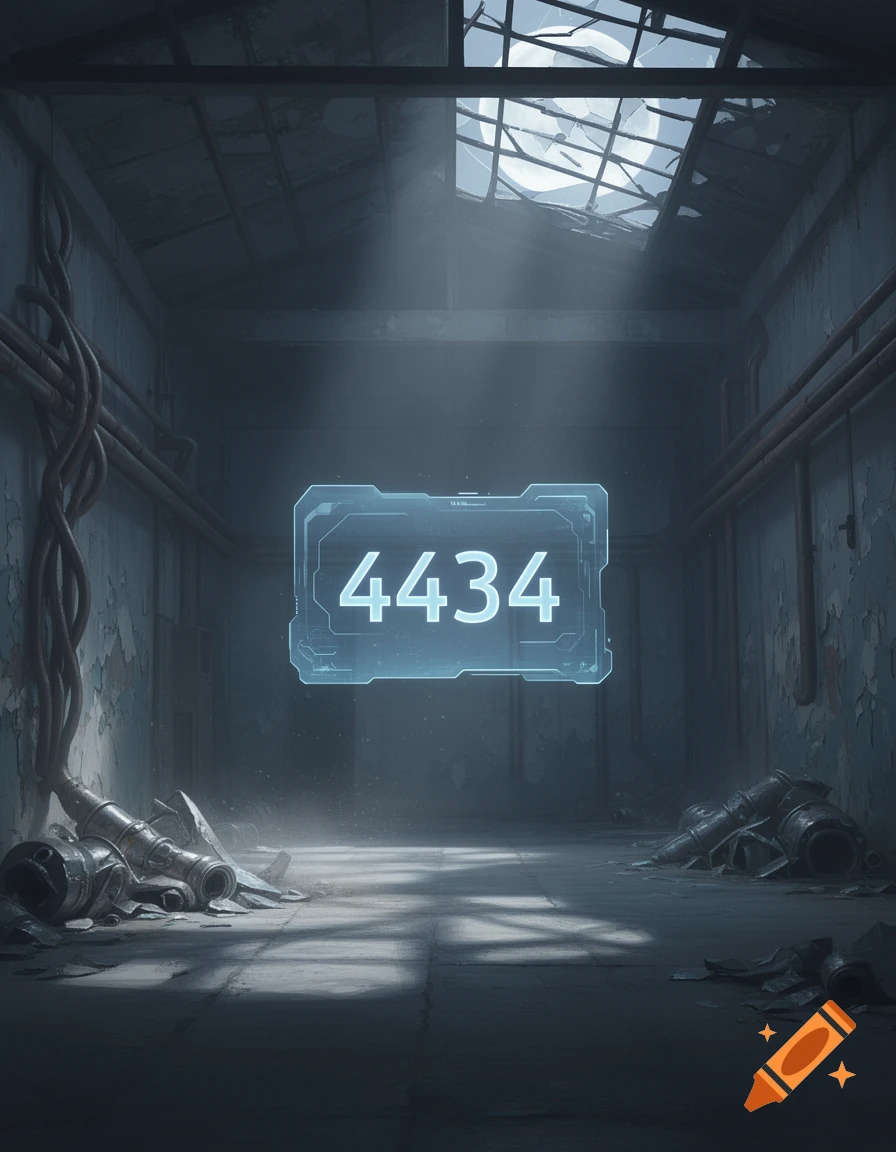 A glowing blue holographic display showing '4434' floats in a dark, dilapidated industrial room with light rays from a broken skylight.