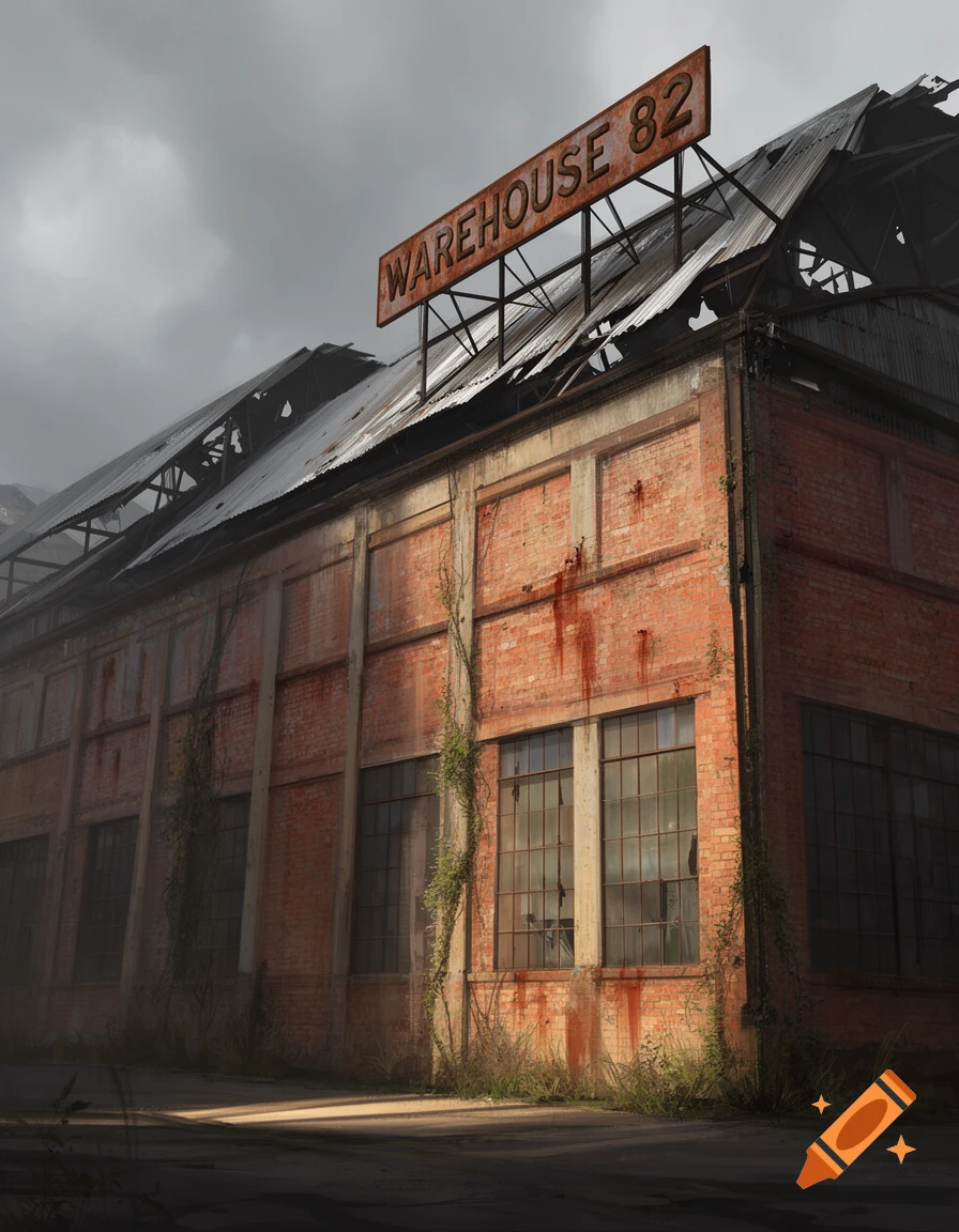 A gloomy, photorealistic image of an old, dilapidated brick warehouse with a rusted sign reading "WAREHOUSE 82" on its broken roof.