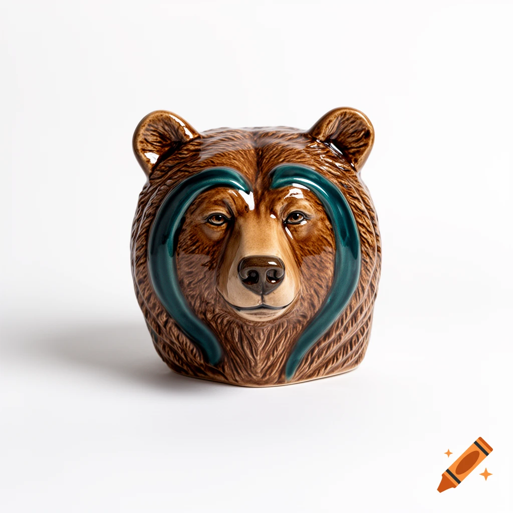A brown ceramic bear head with dark teal accents, set against a clean white background.
