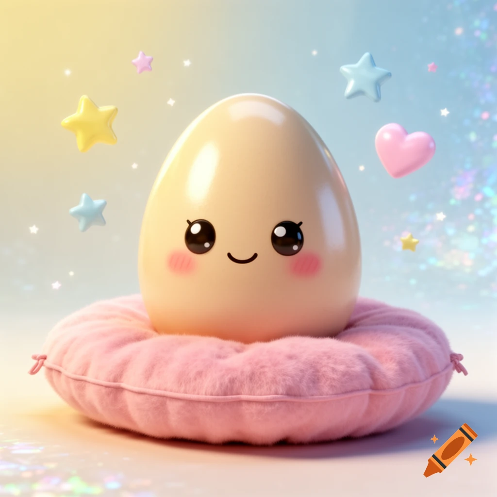A cute 3D illustration of a kawaii egg with a smiling face and rosy cheeks, sitting on a pink fluffy pillow, surrounded by stars and hearts on a sparkly background.