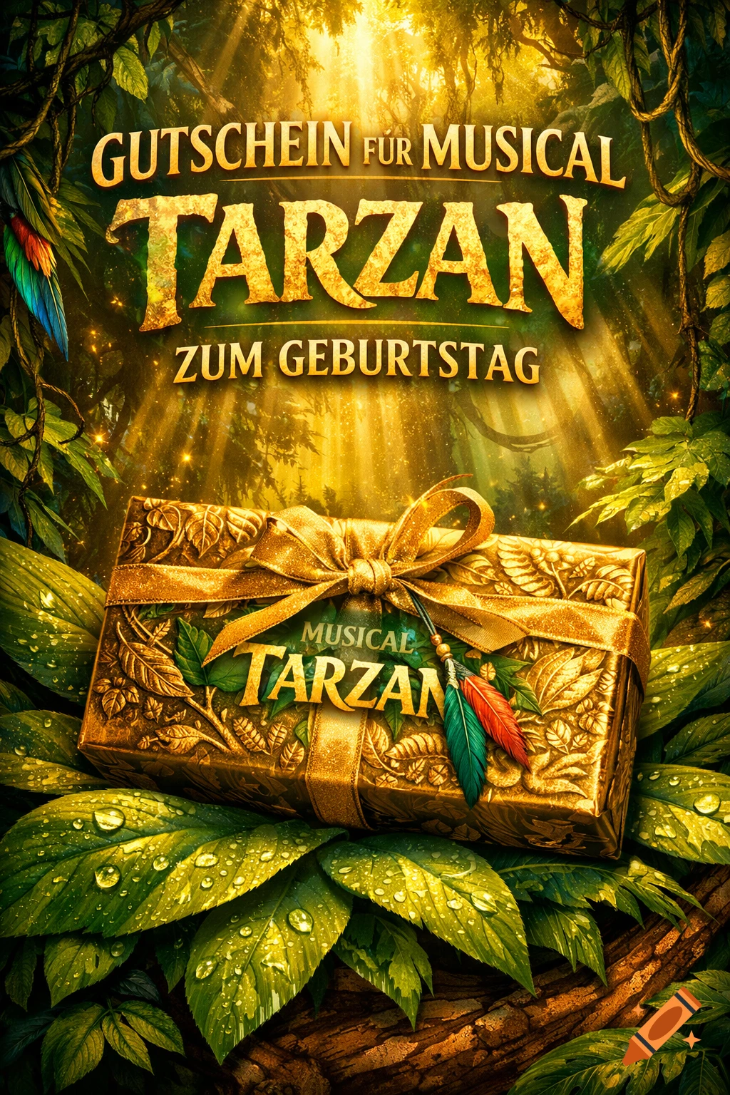 Golden gift box for 'Musical Tarzan' with a bow, surrounded by lush green jungle leaves and sunlight. Text reads 'Gutschein für Musical Tarzan zum Geburtstag'.