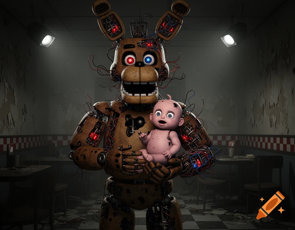A weathered animatronic with exposed wires and mismatched glowing eyes holds a baby in a dark, dilapidated room.